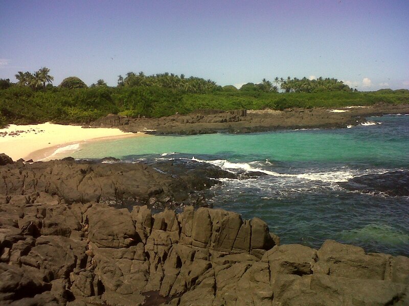 Tropical Beach Cove — Blue, Serene, Afternoon, Photograph, Sand, Rocks, Palm Trees