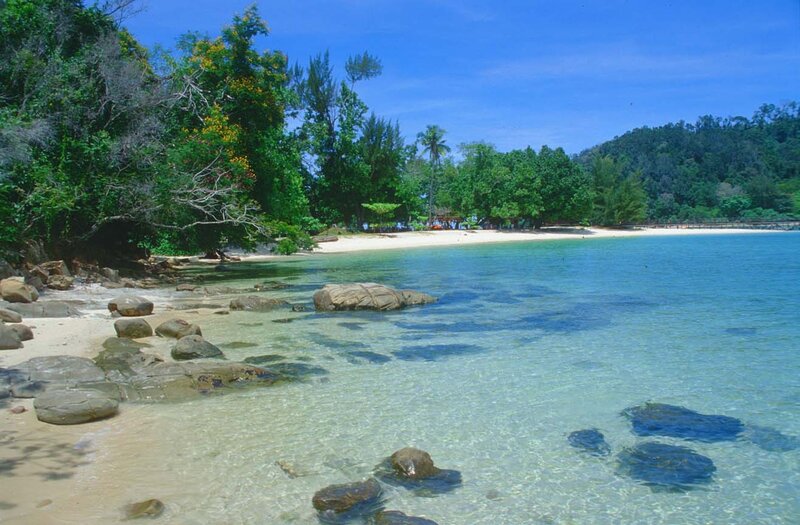 Tropical Beach Cove — Blue, Serene, Afternoon, Photograph, Trees, Rocks, Sand