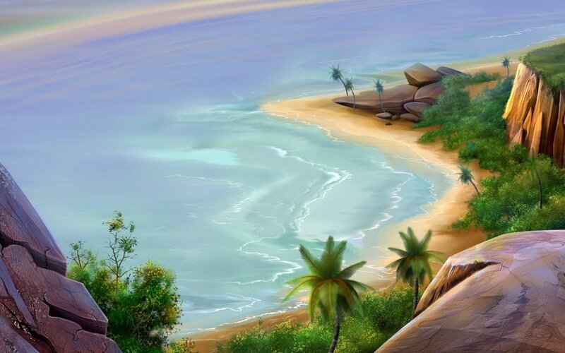 Tropical Beach Cove — Blue, Serene, Sunset, Digital Art