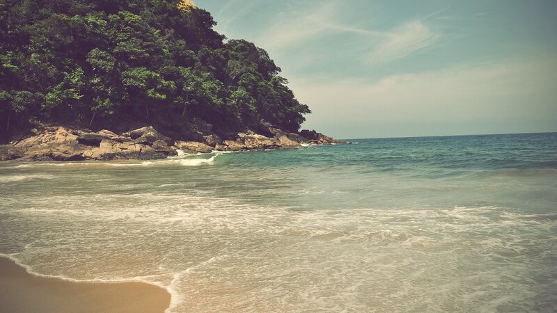 Tropical Beach Cove — Green, Serene, Afternoon, Photograph, Ocean
