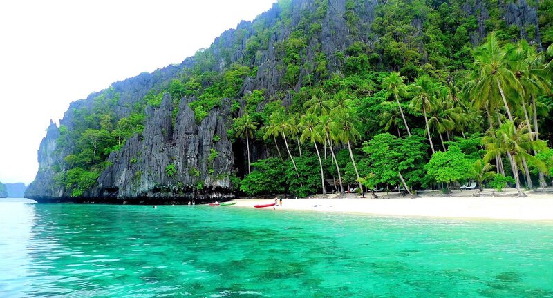 Tropical Beach Cove — Green, Serene, Afternoon, Photograph, Palm Trees, Cliffs