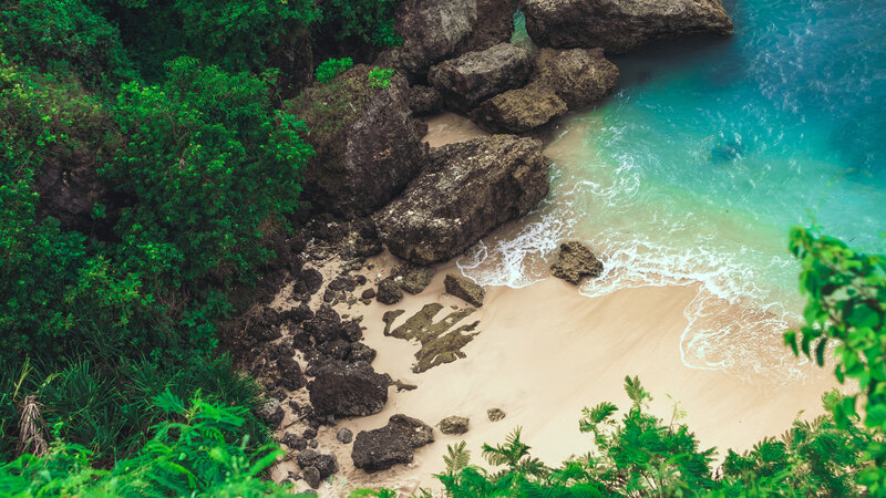 Tropical Beach Cove — Green, Serene, Afternoon, Photograph, Rocks, Sand