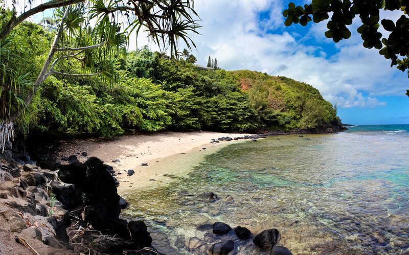 Tropical Beach Cove — Green, Serene, Afternoon, Photograph, Trees