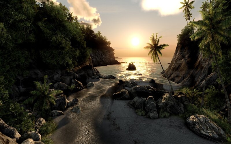 Tropical Beach Cove — Green, Serene, Sunset, 3d Render