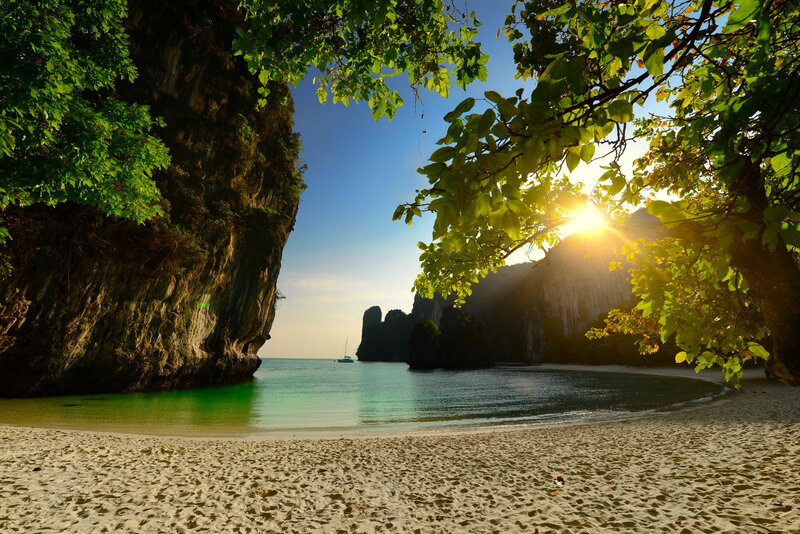 Tropical Beach Cove — Green, Serene, Sunset