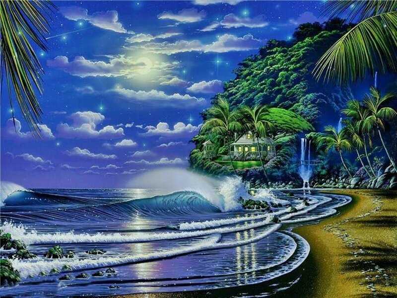 Tropical Beach House — Blue, Serene, Night, Digital Art