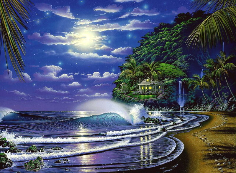 Tropical Beach House — Blue, Serene, Night