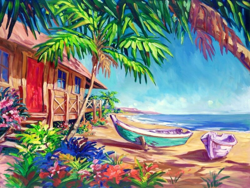 Tropical Beach Hut — Blue, Serene, Afternoon, Painting, Boat