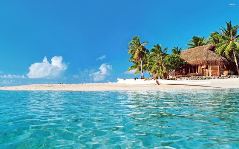 Tropical Beach Hut — Blue, Serene, Afternoon, Photograph, Palm Trees, Canoe