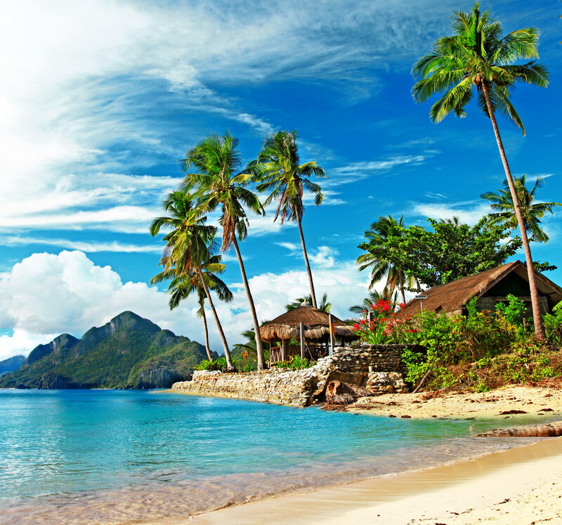 Tropical Beach Hut — Blue, Serene, Afternoon, Photograph, Palm Trees, Mountain