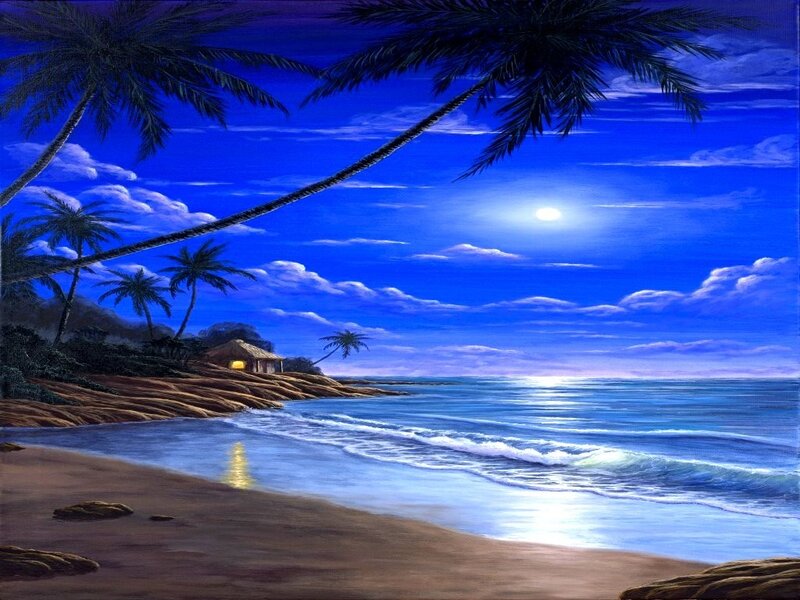 Tropical Beach Hut — Blue, Serene, Night
