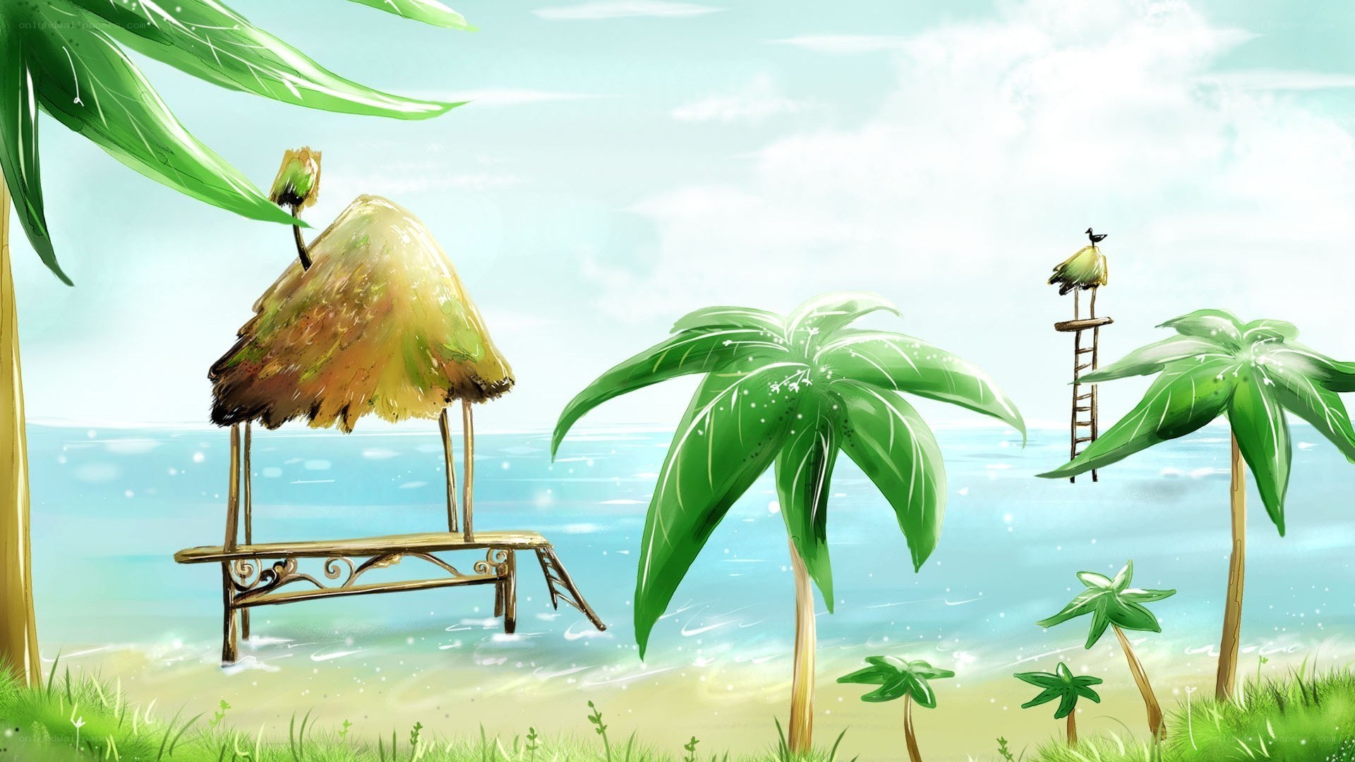 Tropical beach hut scene