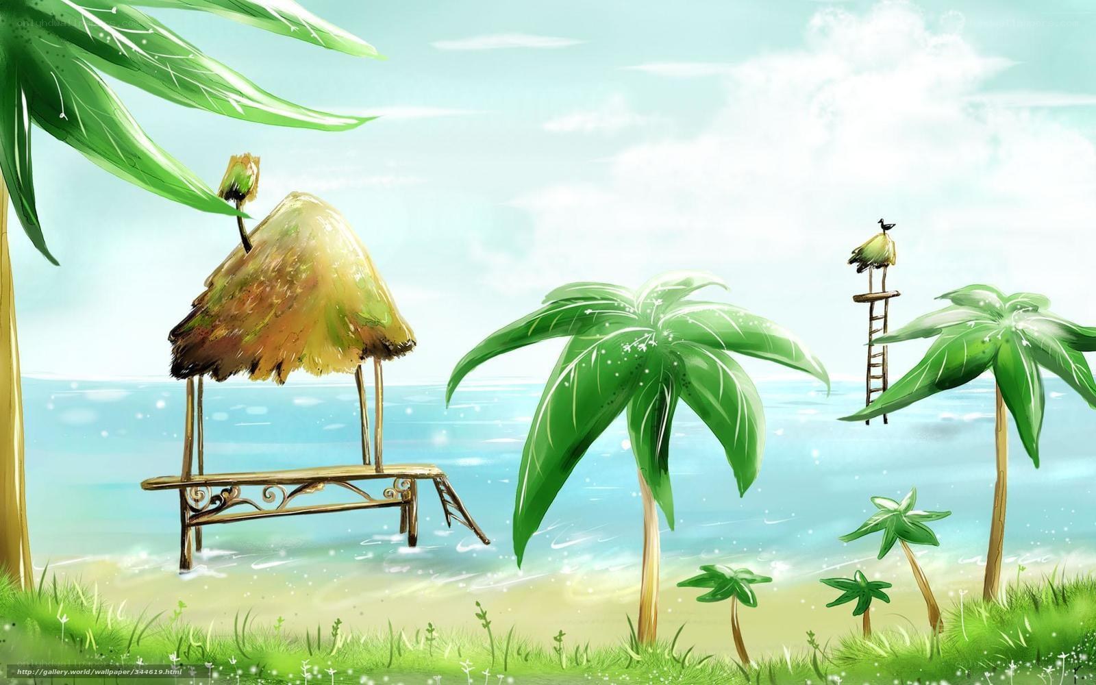 Tropical beach hut scene