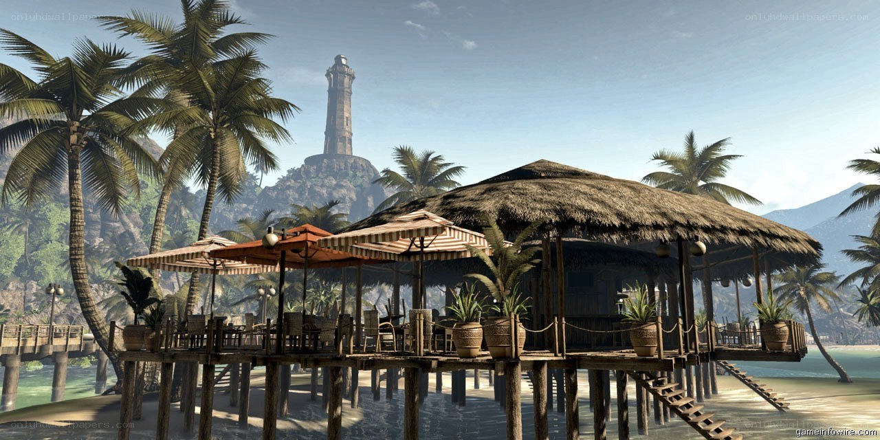 tropical beach hut with lighthouse