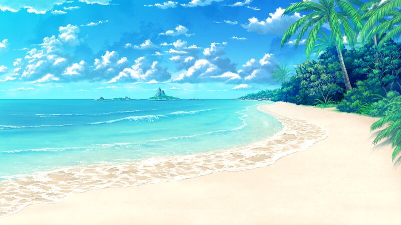 Tropical Beach Landscape — Blue, Serene, Afternoon, Digital Art, Palm Trees, Ocean