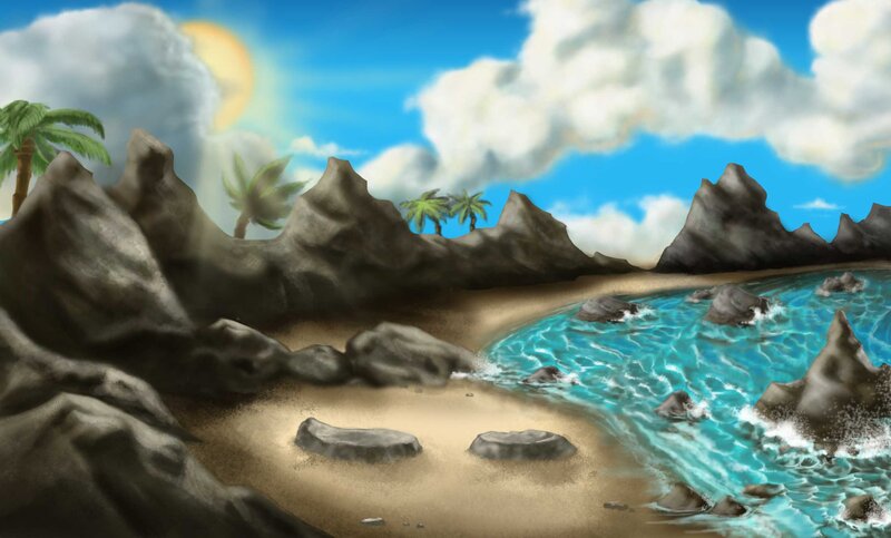 Tropical Beach Landscape — Blue, Serene, Afternoon, Digital Art, Palm Trees, Rocks