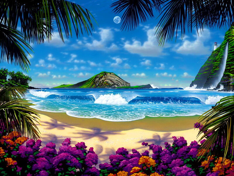 Tropical Beach Landscape — Blue, Serene, Afternoon, Digital Art