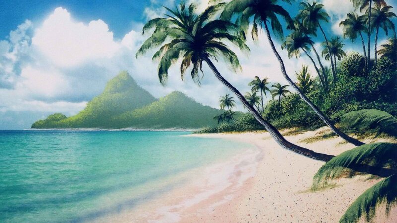 Tropical Beach Landscape — Blue, Serene, Afternoon, Painting, Palm Trees, Mountain