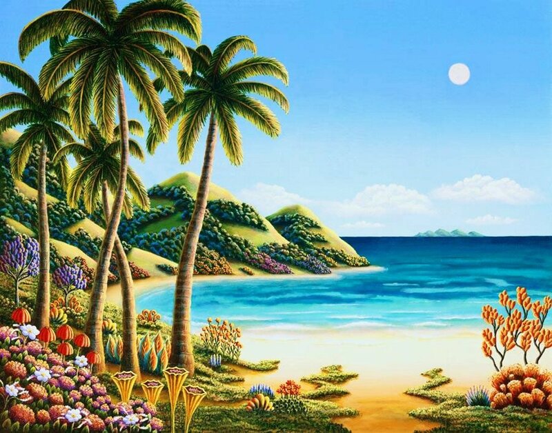 Tropical Beach Landscape — Blue, Serene, Afternoon, Painting, Palm Trees, Ocean, Hills