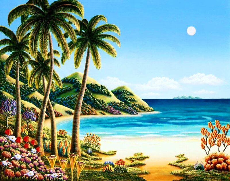 Tropical Beach Landscape — Blue, Serene, Afternoon, Painting, Palm Trees, Ocean