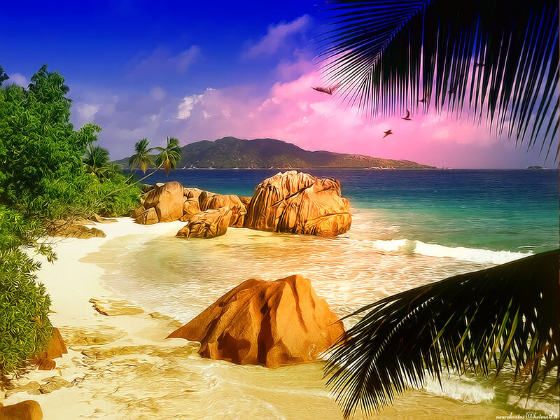 Tropical Beach Landscape — Blue, Serene, Sunset