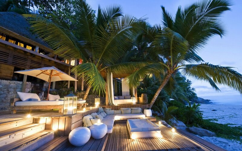 Tropical Beach Lounge — Brown, Serene, Sunset, Photograph, Palm Trees, Umbrella