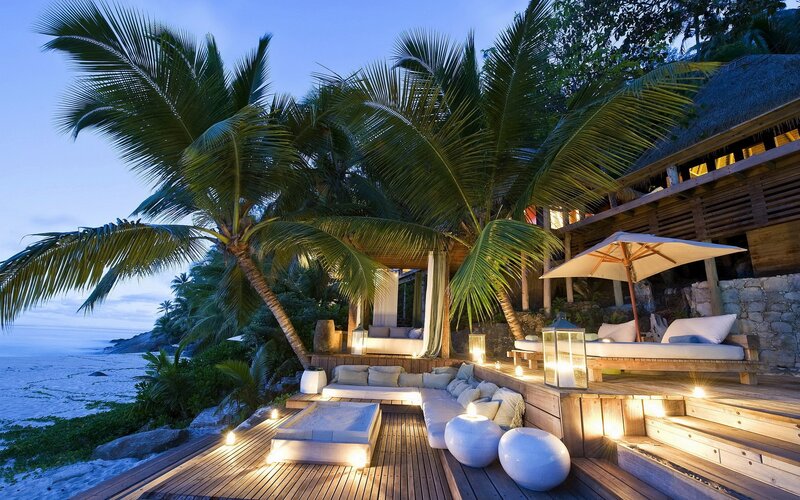 Tropical Beach Lounge — Brown, Serene, Sunset, Photograph