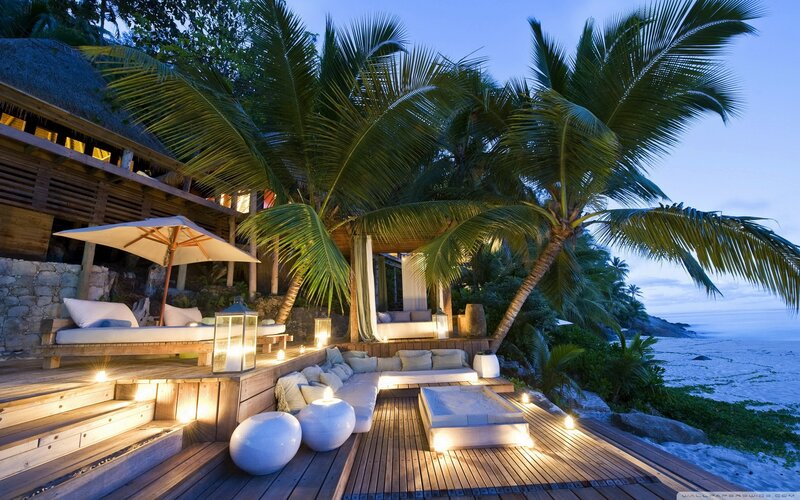 Tropical Beach Lounge — Brown, Serene, Sunset