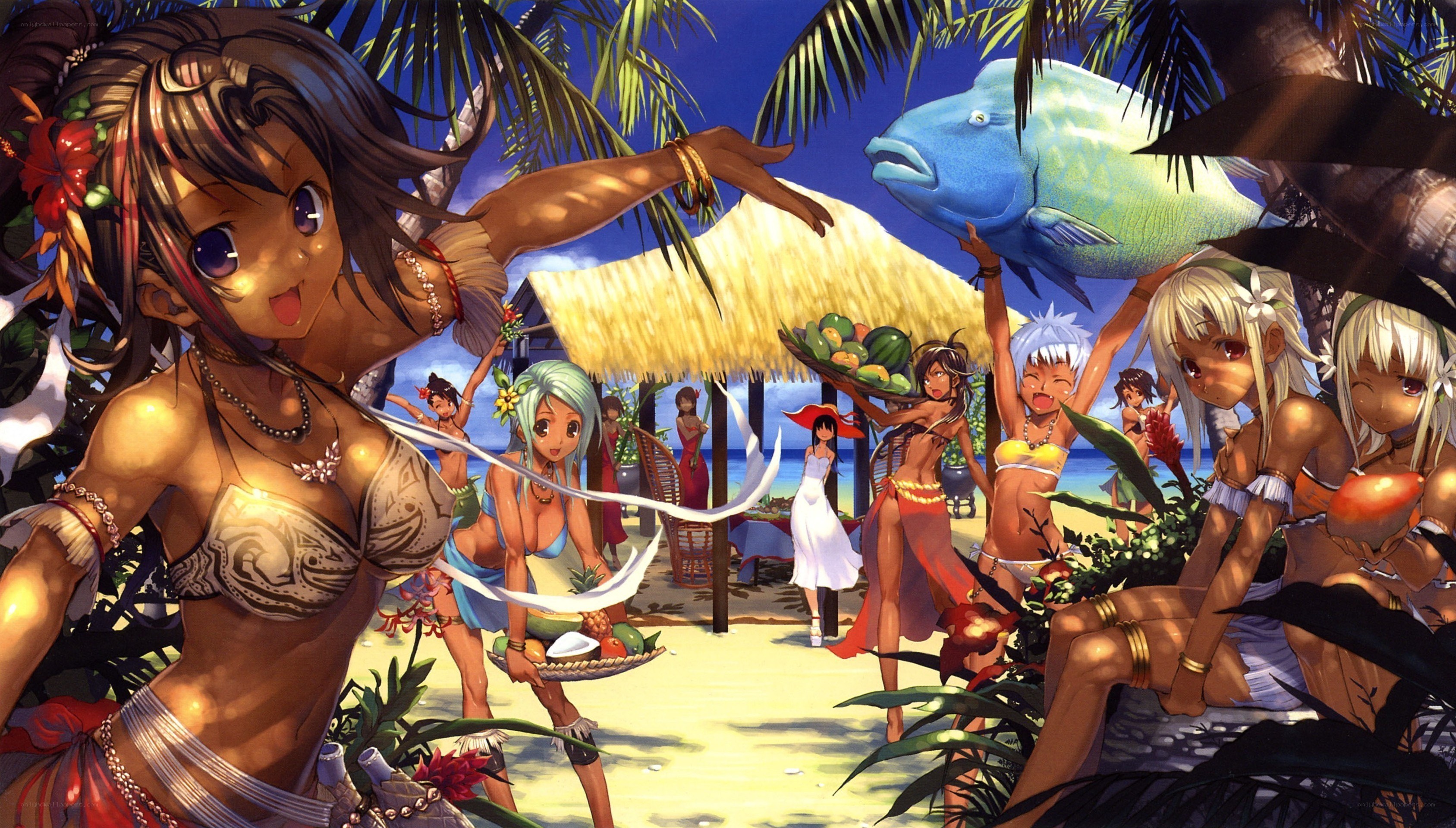 Tropical beach party with anime characters