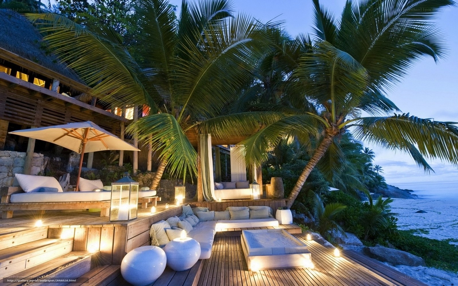 Tropical beach resort at dusk