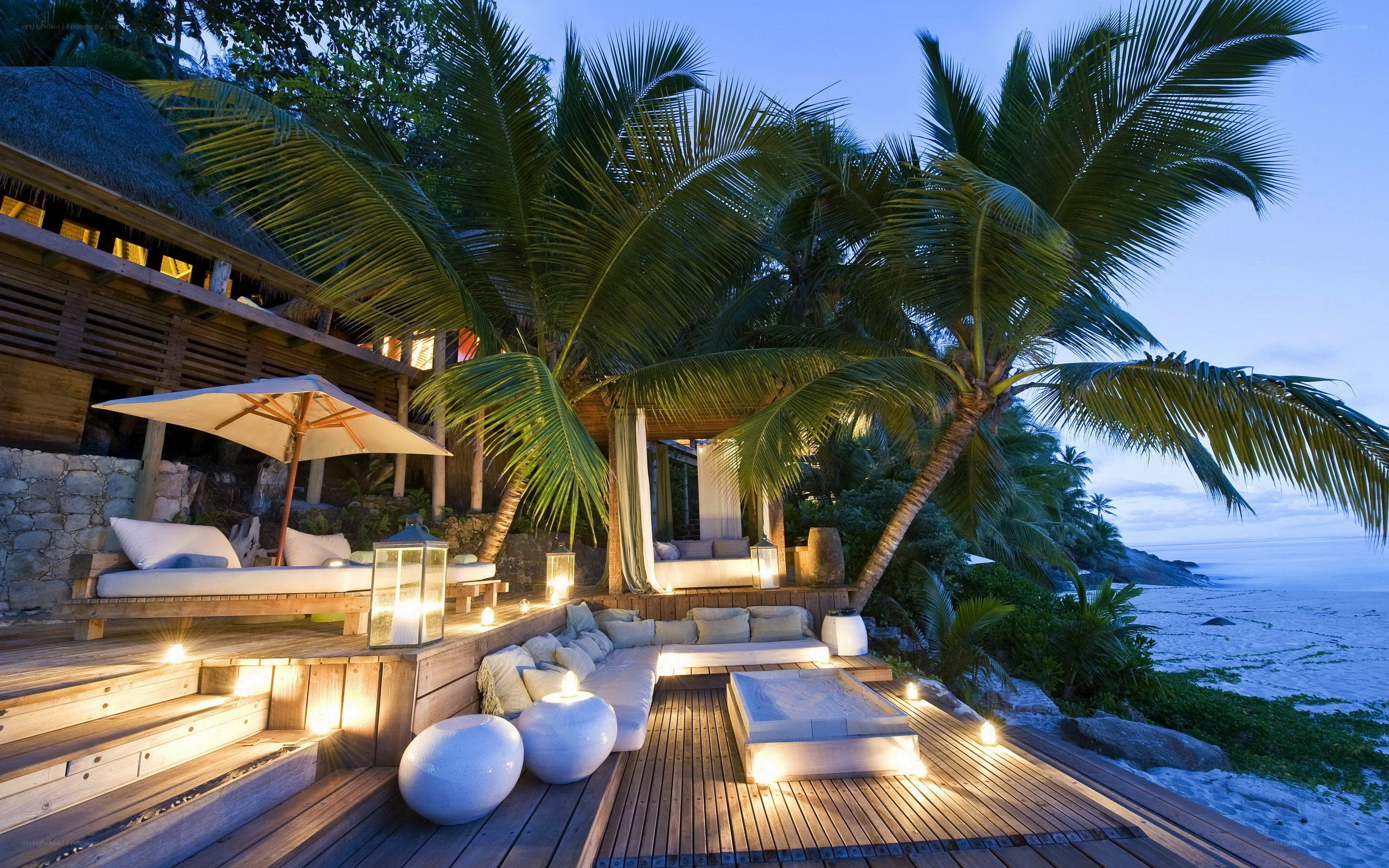 Tropical beach resort at dusk