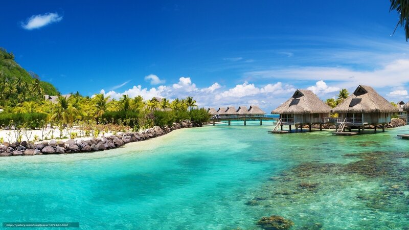 Tropical Beach Resort — Blue, Serene, Afternoon, Photograph, Bungalows