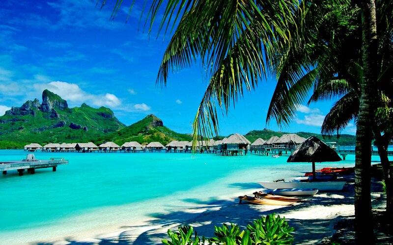 Tropical Beach Resort — Blue, Serene, Afternoon, Photograph, Palm Trees, Bungalows, Mountains