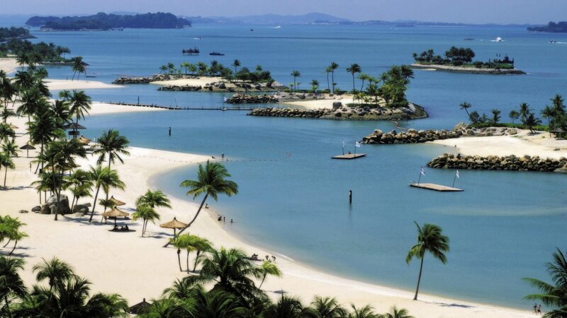 Tropical Beach Resort — Blue, Serene, Afternoon, Photograph, Palm Trees, Islands, Boats