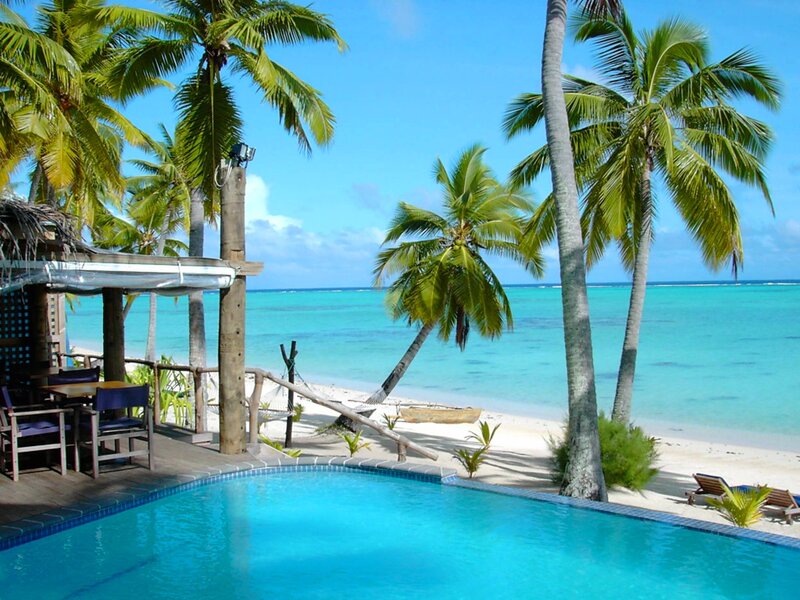 Tropical Beach Resort — Blue, Serene, Afternoon, Photograph, Palm Trees, Pool