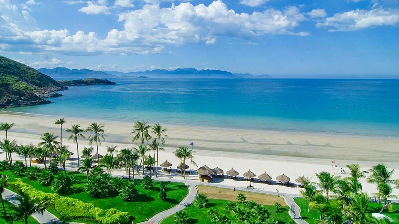Tropical Beach Resort — Blue, Serene, Afternoon, Photograph, Palm Trees, Umbrellas