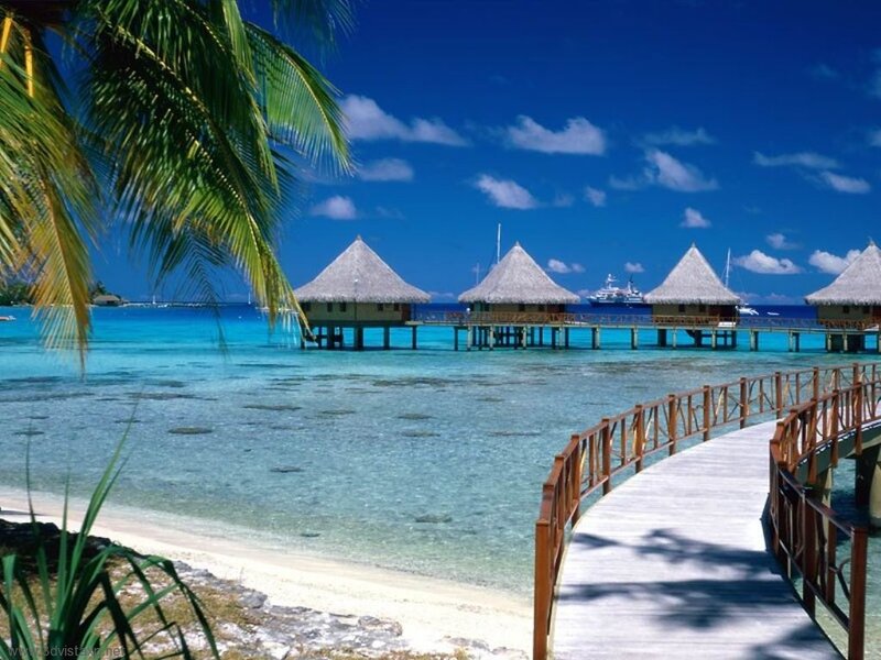 Tropical beach resort with overwater bungalows