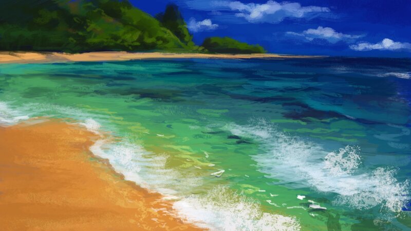 Tropical Beach Scene — Blue, Serene, Afternoon, Digital Art, Ocean, Sand