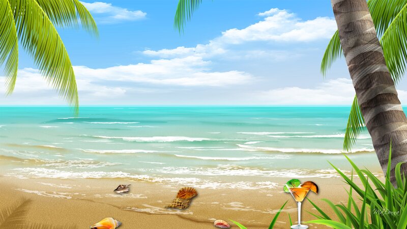 Tropical Beach Scene — Blue, Serene, Afternoon, Digital Art, Palm Tree, Cocktail