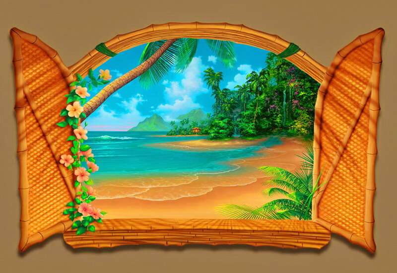 Tropical Beach Scene — Blue, Serene, Afternoon, Digital Art, Palm Tree, Flowers