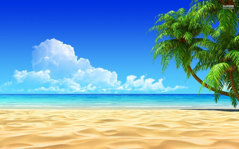 Tropical Beach Scene — Blue, Serene, Afternoon, Digital Art, Palm Tree, Sand