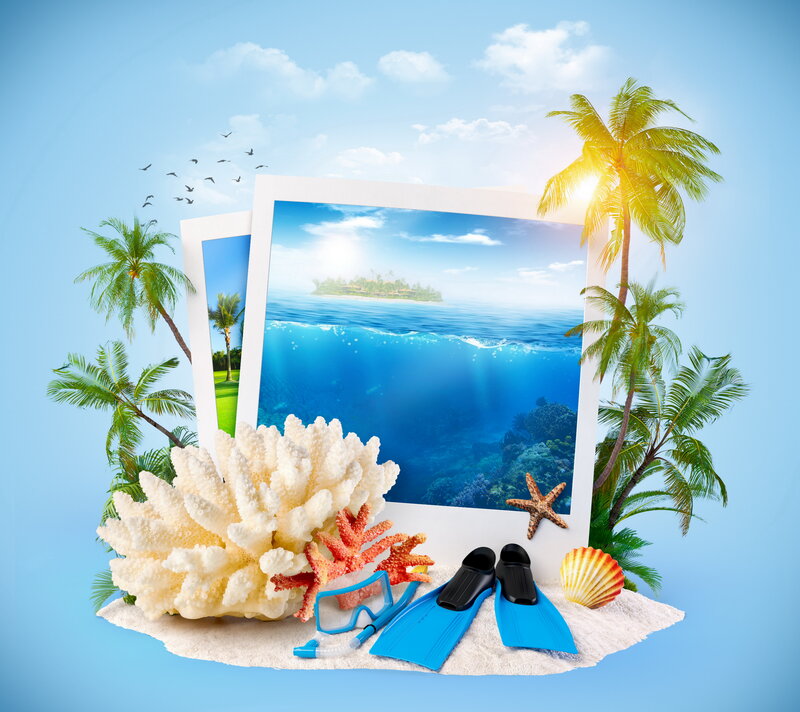 Tropical Beach Scene — Blue, Serene, Afternoon, Digital Art, Palm Trees, Coral