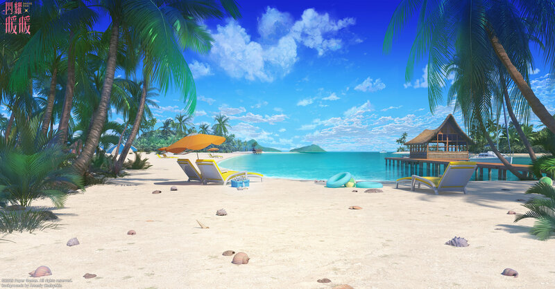 Tropical Beach Scene — Blue, Serene, Afternoon, Digital Art, Palm Trees, Lounge Chairs