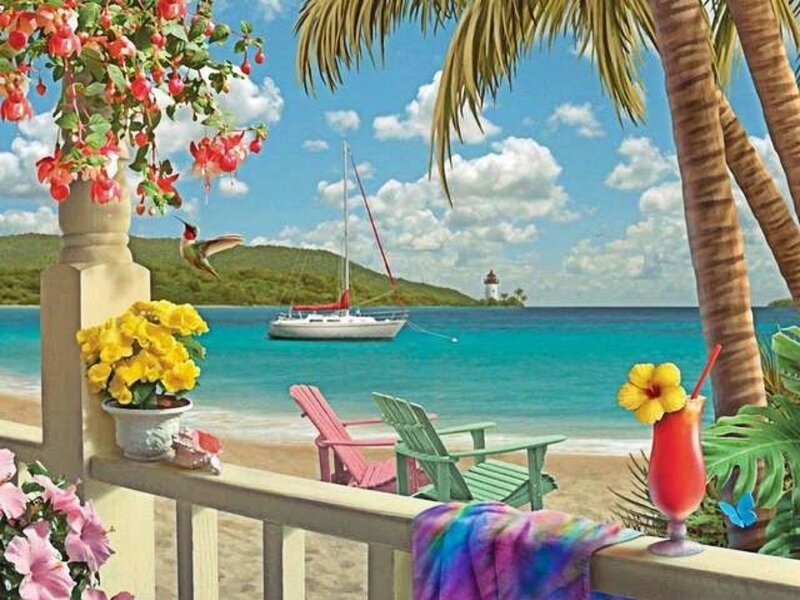 Tropical Beach Scene — Blue, Serene, Afternoon, Illustration, Sailboat