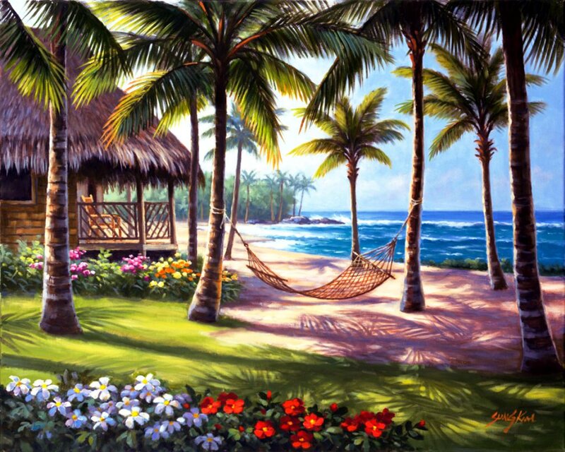 Tropical Beach Scene — Blue, Serene, Afternoon, Painting, Palm Trees, Hammock