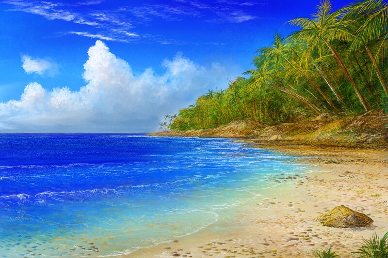 Tropical Beach Scene — Blue, Serene, Afternoon, Painting, Palm Trees, Ocean