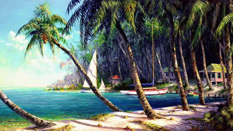 Tropical Beach Scene — Blue, Serene, Afternoon, Painting, Palm Trees, Sailboats