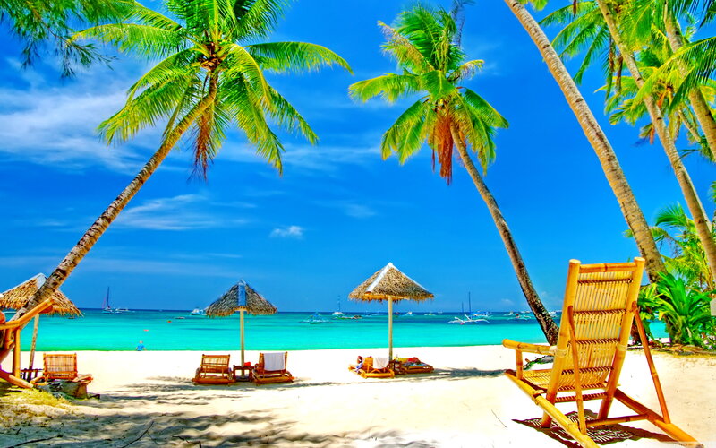 Tropical Beach Scene — Blue, Serene, Afternoon, Photograph, Palm Trees, Beach Chairs