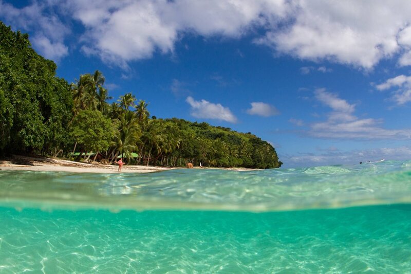 Tropical Beach Scene — Blue, Serene, Afternoon, Photograph, Palm Trees, Ocean, Sky