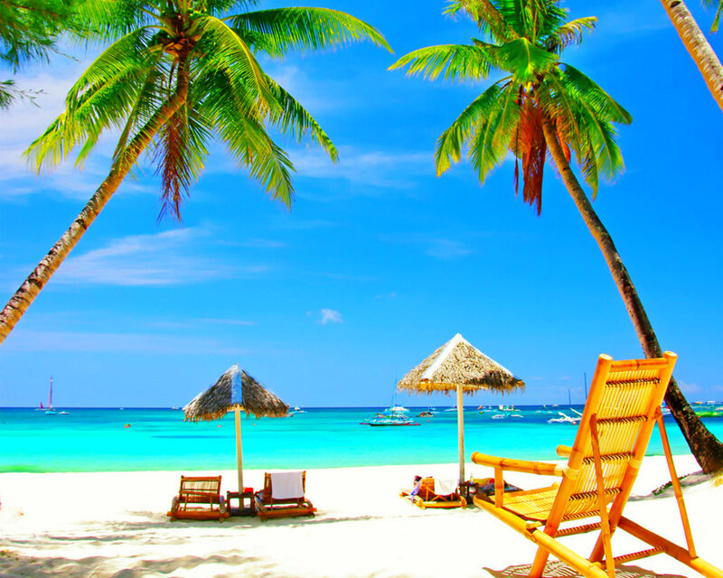 Tropical Beach Scene — Blue, Serene, Afternoon, Photograph, Palm Trees, Umbrellas